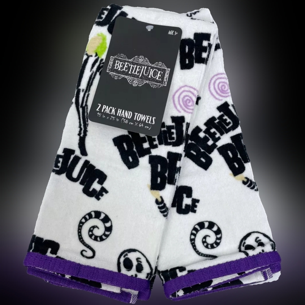 Halloween Beetlejuice blk white sandworm graphics 2 pk kitchen hand towels NWT